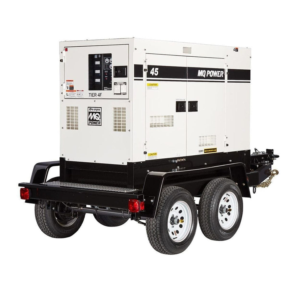 Multiquip DCA45SSIU4F mobile generator mounted on dual-axle trailer with MQ Power branding; features control panel, ventilation grilles, Tier 4 Final diesel compliance labels, and towing hitch with safety chain.