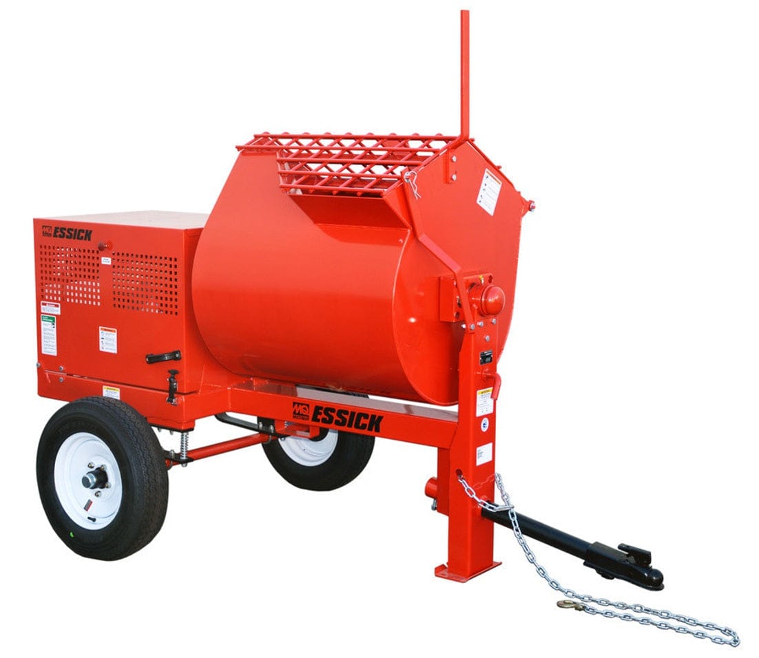 Full studio view of the red Multiquip EM12M towable plaster and stucco mixer, featuring a large mixing drum, pneumatic tires, and a removable tow tongue with safety chains.