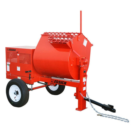 Full studio view of the red Multiquip EM12M towable plaster and stucco mixer, featuring a large mixing drum, pneumatic tires, and a removable tow tongue with safety chains.