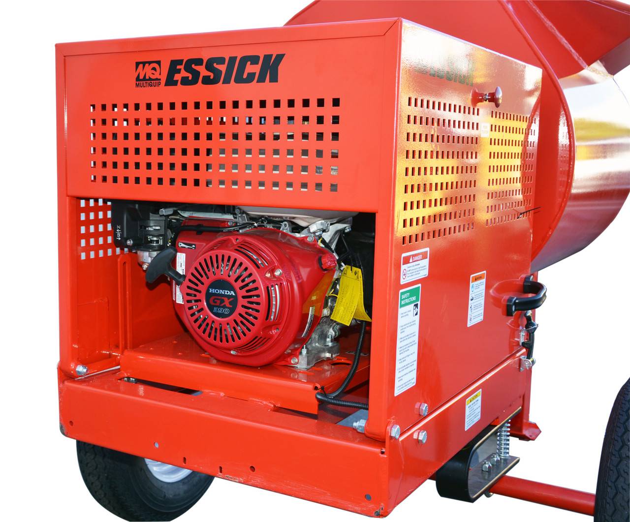 Detailed view of the Honda GX390 gasoline engine secured inside the heavy-duty 14-gauge steel engine cowling, featuring punched ventilation openings and the MQ Essick branding.