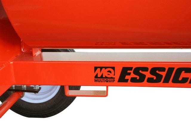 Close-up detail of the heavy-duty rectangular steel frame showing the black MQ Multiquip Essick logo decal applied to the side of the chassis.