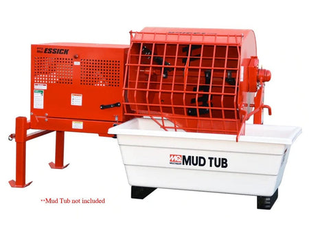 Close-up view of the mixer drum tilted in the dump position showing the internal steel paddle arms and red safety grate, positioned over a white mud tub to demonstrate discharge height, with a text note stating the mud tub is not included.