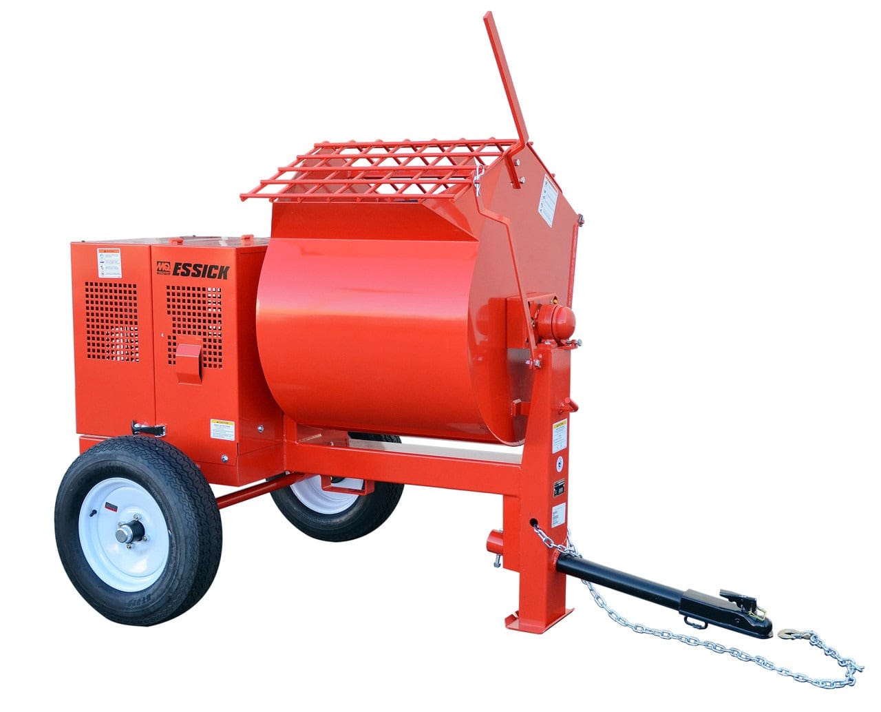  Sturdy, bright red machine with two large, wide wheels, like those on a small trailer. At one end, there's a big, rounded drum, like a barrel lying on its side, that you can feel has a wide opening. This drum is designed to spin. Attached to the drum, at the other end, is a boxy section that holds the engine, which would make a distinct whirring or rumbling sound when running. From the front of the machine, a thick, metal bar extends, ending in a hitch with a heavy chain, used for connecting it to a vehicl