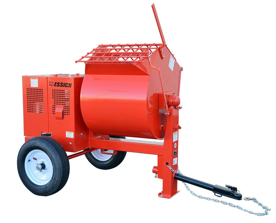  Sturdy, bright red machine with two large, wide wheels, like those on a small trailer. At one end, there's a big, rounded drum, like a barrel lying on its side, that you can feel has a wide opening. This drum is designed to spin. Attached to the drum, at the other end, is a boxy section that holds the engine, which would make a distinct whirring or rumbling sound when running. From the front of the machine, a thick, metal bar extends, ending in a hitch with a heavy chain, used for connecting it to a vehicl