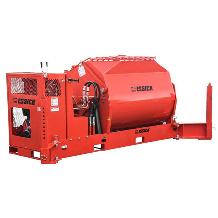 A wide studio product shot of the large red Multiquip Essick PRO20 stationary plaster and mortar mixer against a pure white background, showcasing its massive 20 cubic foot enclosed steel mixing drum, robust hydraulic fluid hose routing lines, top safety grate, manual control lever array, structural forklift pockets, and side engine enclosure hosting black MQ Essick branding.