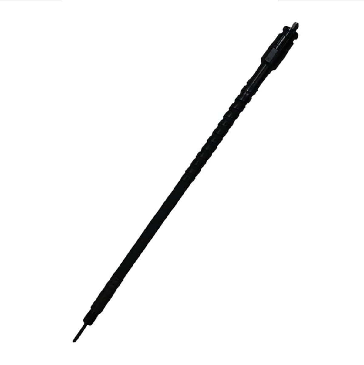 A professional profile view of the Multiquip FS21 21-foot flexible concrete vibrator shaft, featuring a durable black neoprene outer casing and high-carbon steel core with quick-disconnect couplings for industrial concrete consolidation.