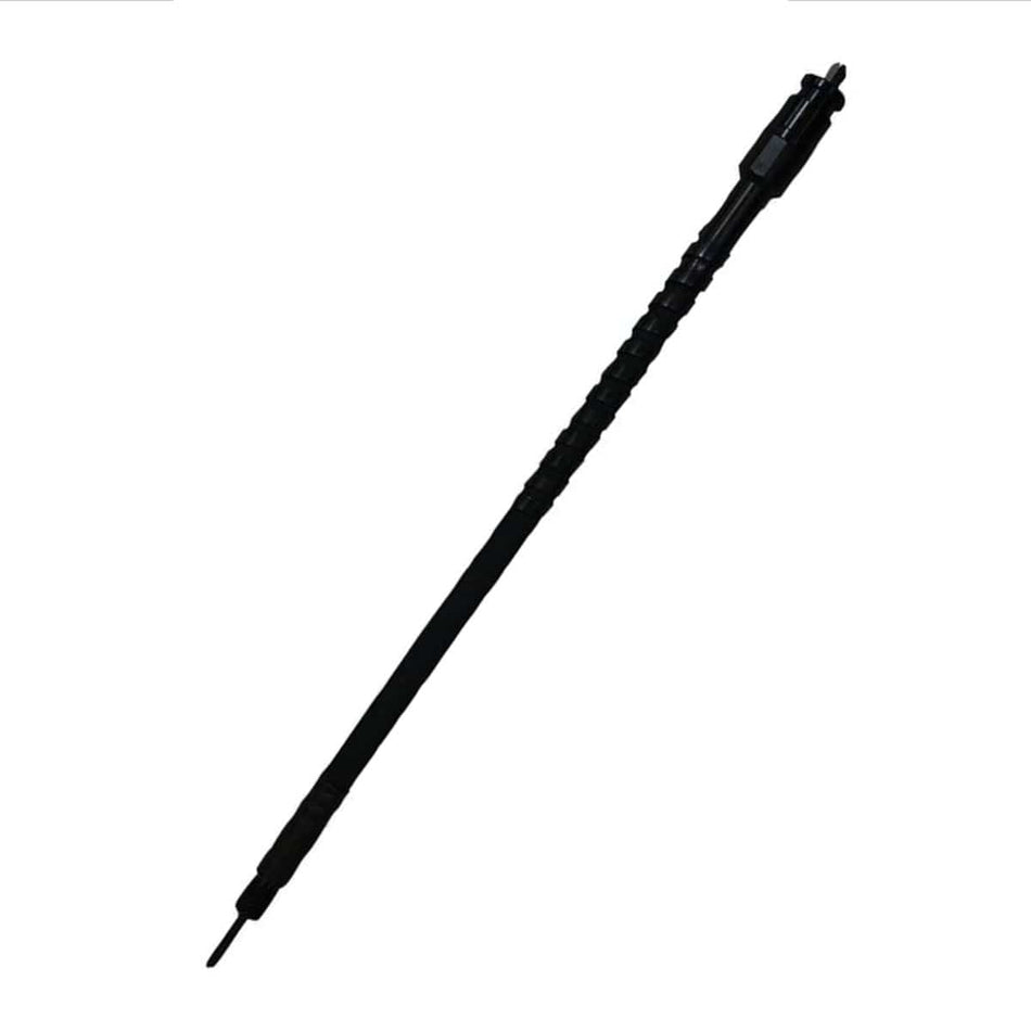 A professional profile view of the Multiquip FS21 21-foot flexible concrete vibrator shaft, featuring a durable black neoprene outer casing and high-carbon steel core with quick-disconnect couplings for industrial concrete consolidation.