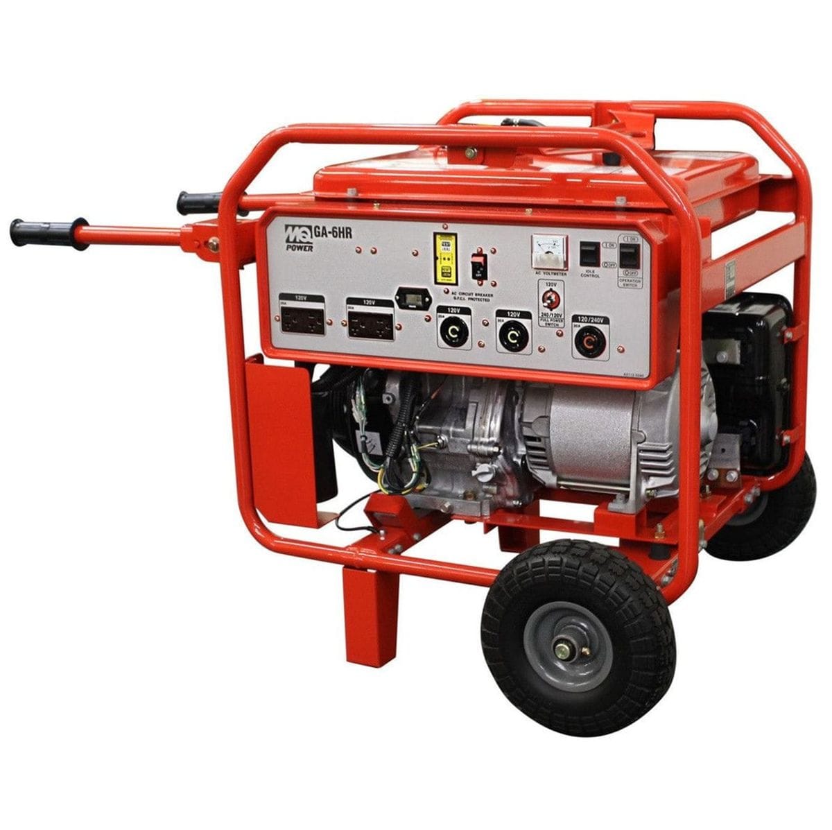 Studio shot of the generator equipped with a wheel kit and folding lifting bale, highlighting the Honda GX engine and onboard battery tray for electric start.