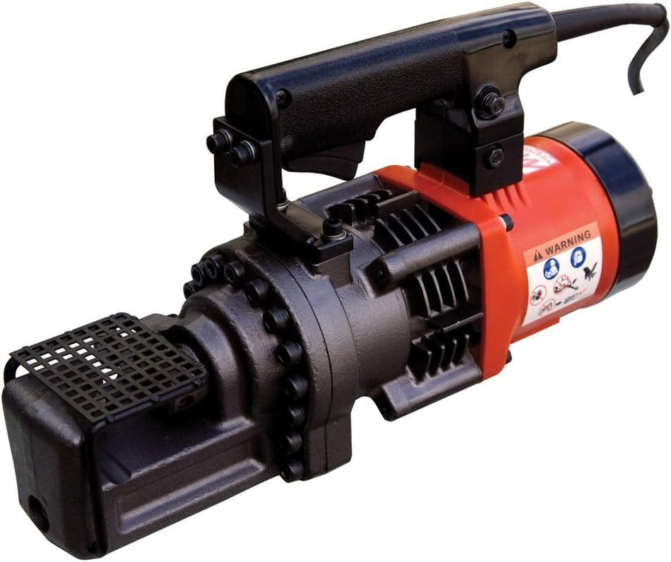 A close-up, three-quarter studio shot of the Multiquip HBC19B handheld rebar cutter, showing the red electric motor, black hydraulic pump, and the cutting head.