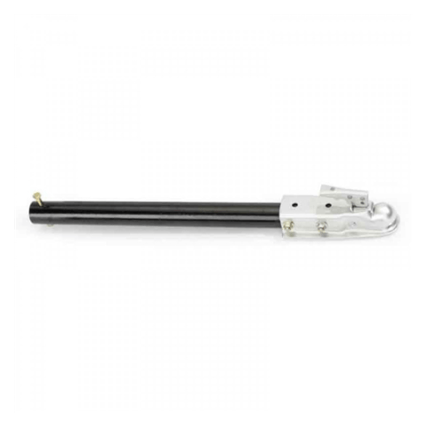  Long, black metal bar with a silver, bell-shaped connector at one end. This connector has a hinged latch and is designed to attach a trailer to a vehicle.



