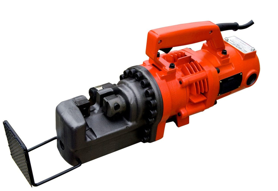 Angled studio view of the orange handheld rebar cutter displaying the top carrying handle, motor housing, and hydraulic cutting mechanism.