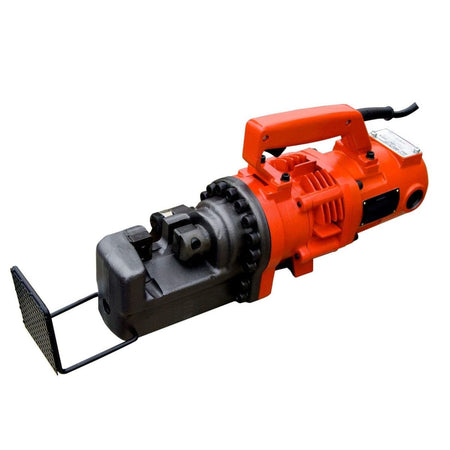 Angled studio view of the orange handheld rebar cutter displaying the top carrying handle, motor housing, and hydraulic cutting mechanism.