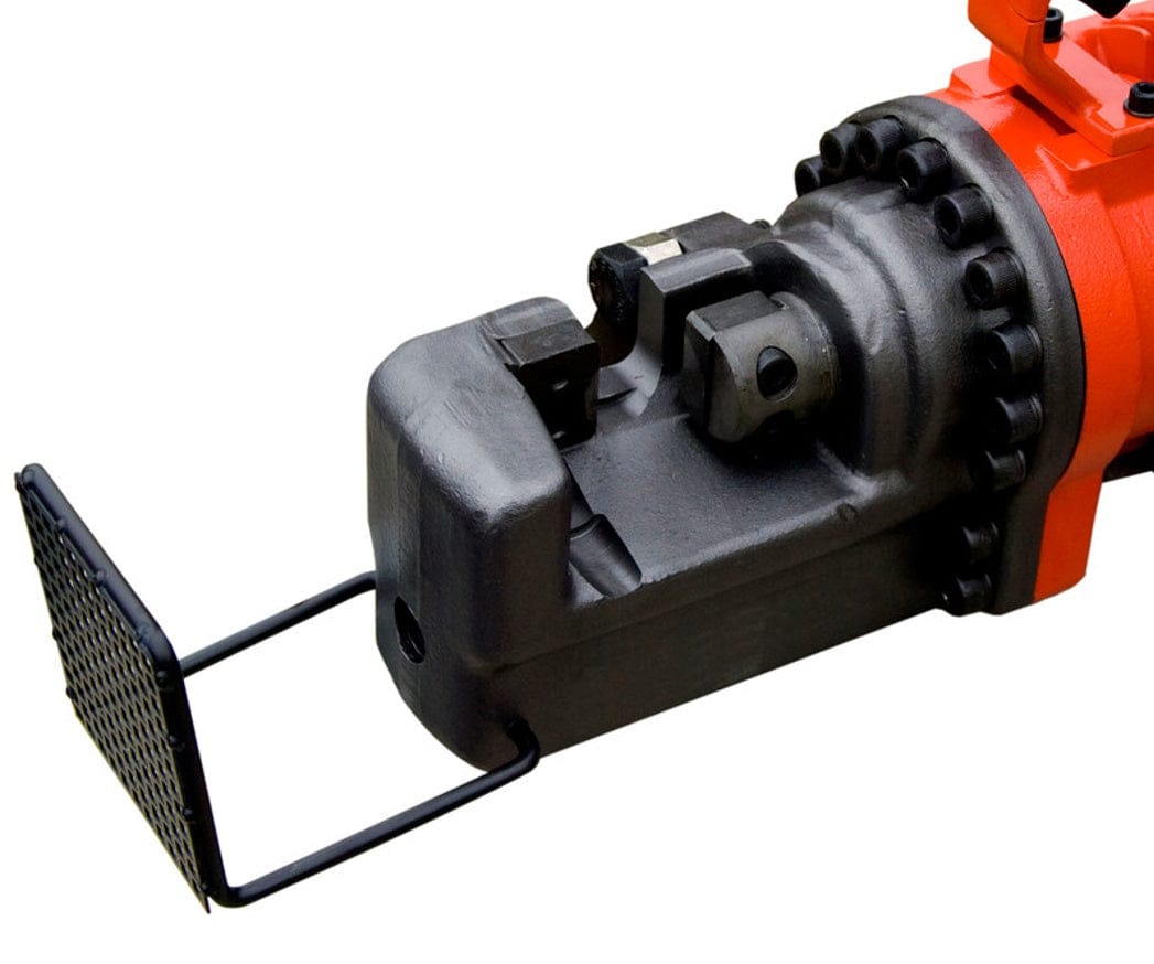 Close up view of the heavy duty black steel cutting head showing the open jaws, internal blades, and protective front wire guard.