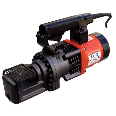 Multiquip HBC-19B electric hydraulic rebar cutter for cold-shearing up to number 6 Grade 60 steel rod in 2.5 seconds.