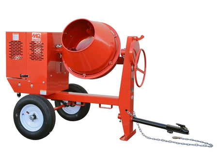 Angled studio view of the Multiquip MC64SH5 6 cubic foot concrete mixer, highlighting the steel drum, heavy-duty tow hitch with safety chain, and the Honda GX160 engine housing