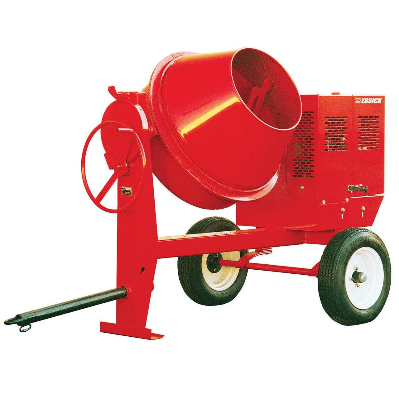 Studio shot of the red Multiquip Essick 6 cubic foot concrete mixer, showing the steel drum tilted for loading, the large manual dump handwheel, and the towable frame