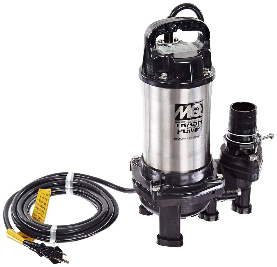 Multiquip PX400 submersible electric trash pump featuring a stainless steel motor housing, 1/2 HP motor, integrated carrying handle, 2-inch discharge with barb hose adapter, and a coiled 19-foot 115V power cable.