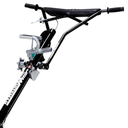Multiquip QXHC Quick Pitch power trowel handle assembly close-up displaying the black anti-vibration handlebars, a padded operator belly bar, a mechanical throttle lever, and the silver curved Quick Pitch blade adjustment latch mechanism isolated on a white background