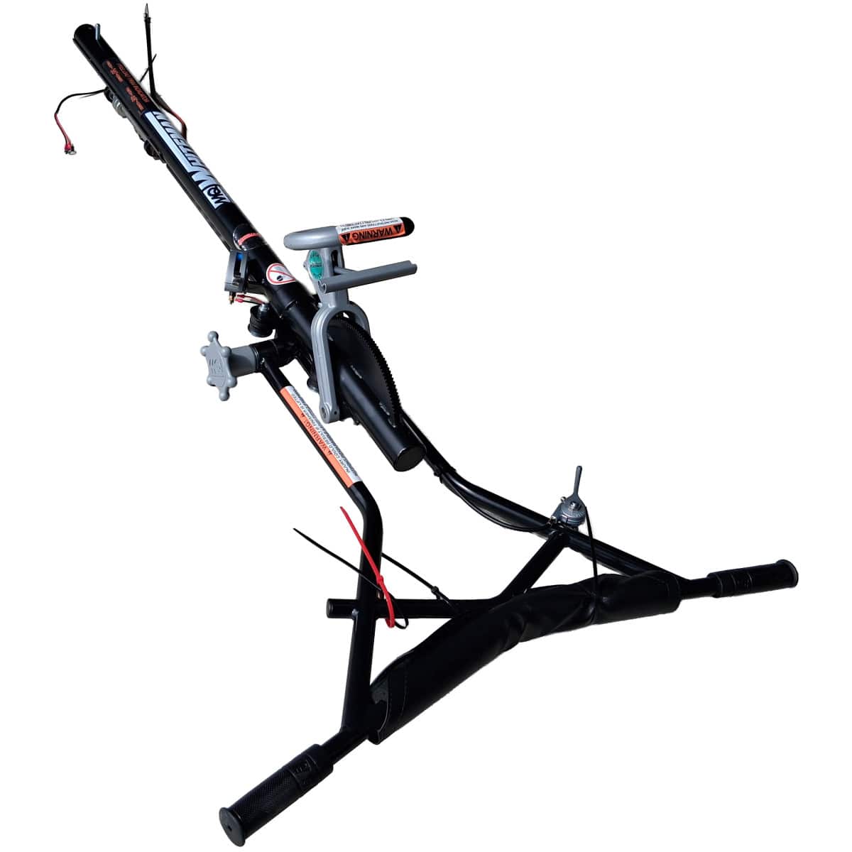 Full-length view of the Multiquip QXHC Quick Pitch walk-behind power trowel handle assembly showcasing the black tubular steel frame, integrated throttle control lines, mechanical friction clutch connection cables, and central spring-loaded blade pitch adjustments isolated on a white background