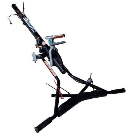 Full-length view of the Multiquip QXHC Quick Pitch walk-behind power trowel handle assembly showcasing the black tubular steel frame, integrated throttle control lines, mechanical friction clutch connection cables, and central spring-loaded blade pitch adjustments isolated on a white background