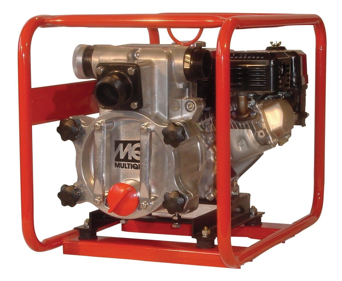 Angled studio view of the Multiquip QP2TH trash pump featuring a protective orange tubular steel frame, silver aluminum pump end, and black Honda engine.