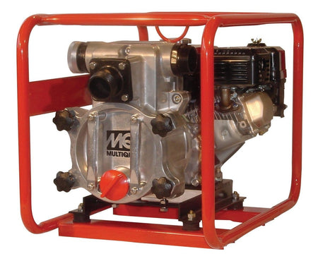Angled studio view of the Multiquip QP2TH trash pump featuring a protective orange tubular steel frame, silver aluminum pump end, and black Honda engine.