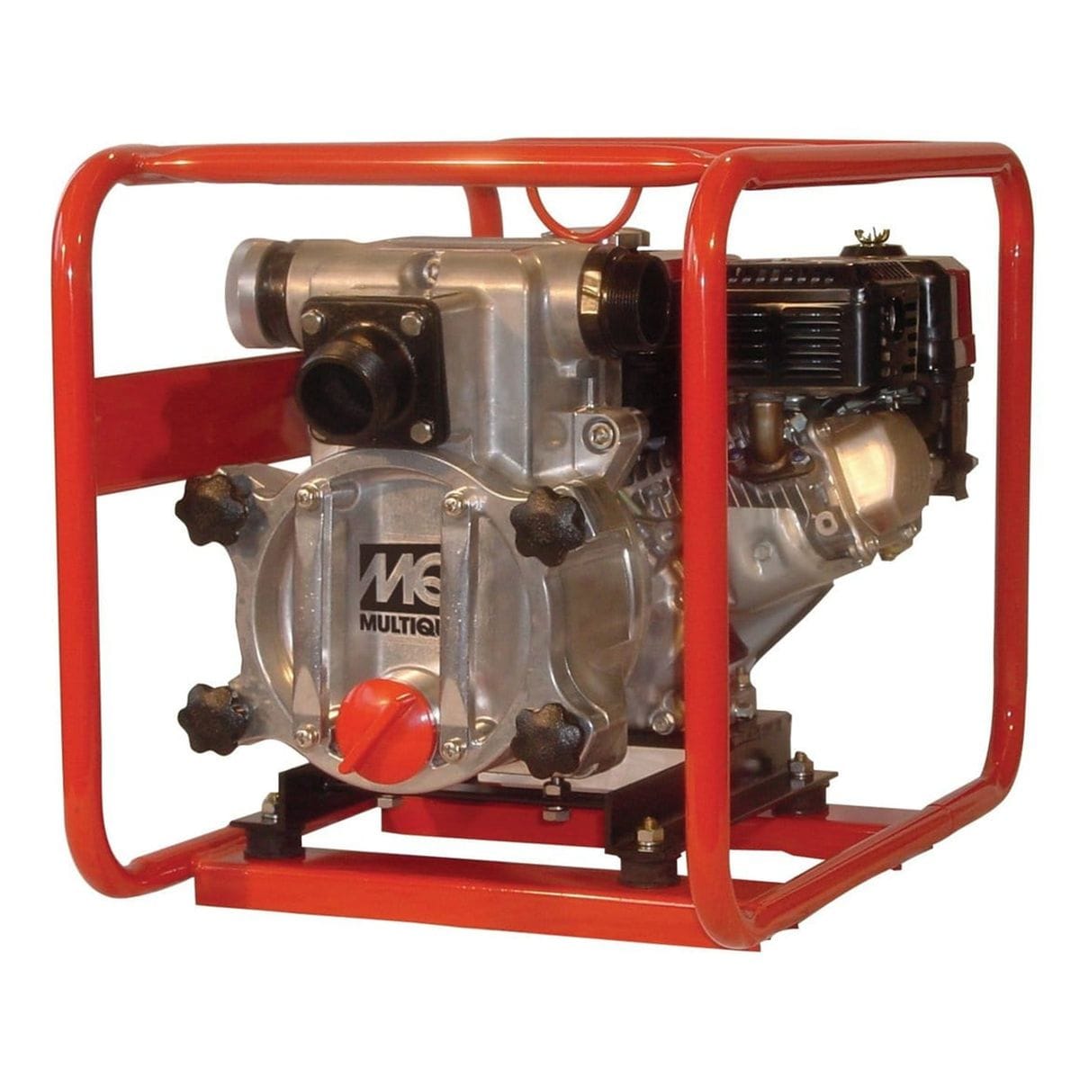 Angled studio view of the Multiquip QP2TH trash pump featuring a protective orange tubular steel frame, silver aluminum pump end, and black Honda engine.