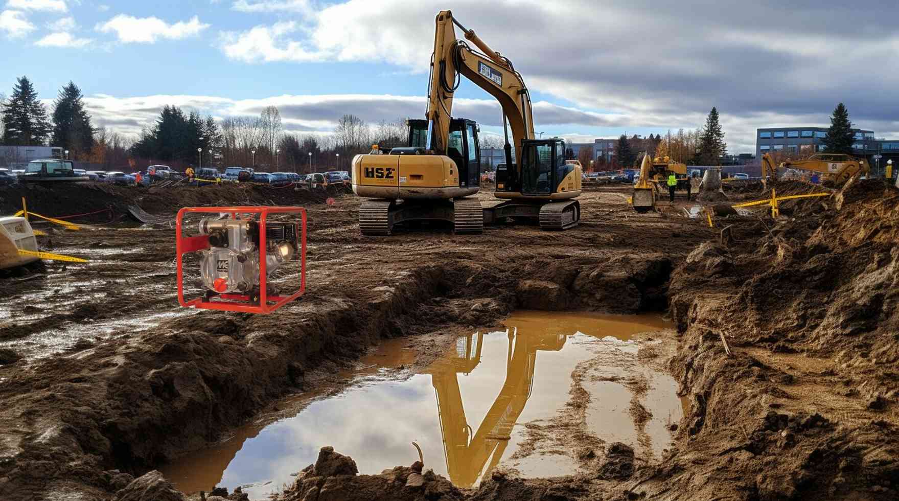Illustration of the trash pump positioned at a muddy construction excavation site with a yellow excavator and standing water in the background.