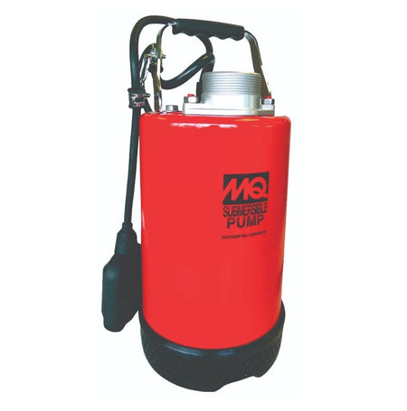 Studio view of the red Multiquip ST2037F submersible centrifugal pump featuring a cast aluminum housing, top carrying handle, and a tethered black float switch.