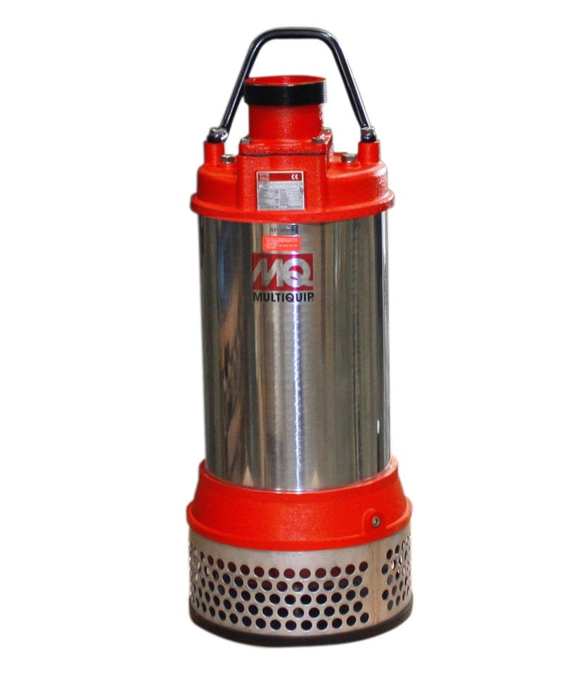 A professional studio shot of the Multiquip ST41460 4-inch submersible centrifugal pump, featuring a heavy-duty stainless steel housing, industrial red cast-iron top and base, and a 304 stainless steel suction strainer for high-volume water movement in utility and municipal applications.