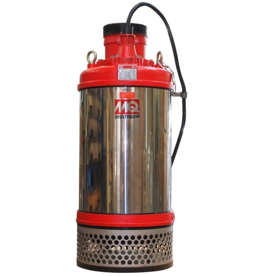A professional product shot of the Multiquip ST61460 6-inch submersible centrifugal pump featuring its heavy-duty 304 stainless steel housing, industrial red cast-iron top and base, and an integrated 33-foot power cable with strain relief for high-volume municipal and utility water movement.