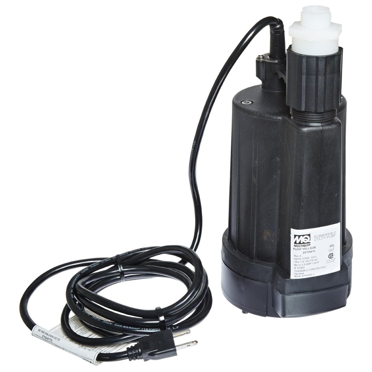 Multiquip YELLSUB 1/4 HP electric utility pump with power cord and garden hose adapter for 1/8-inch low-suction dewatering.