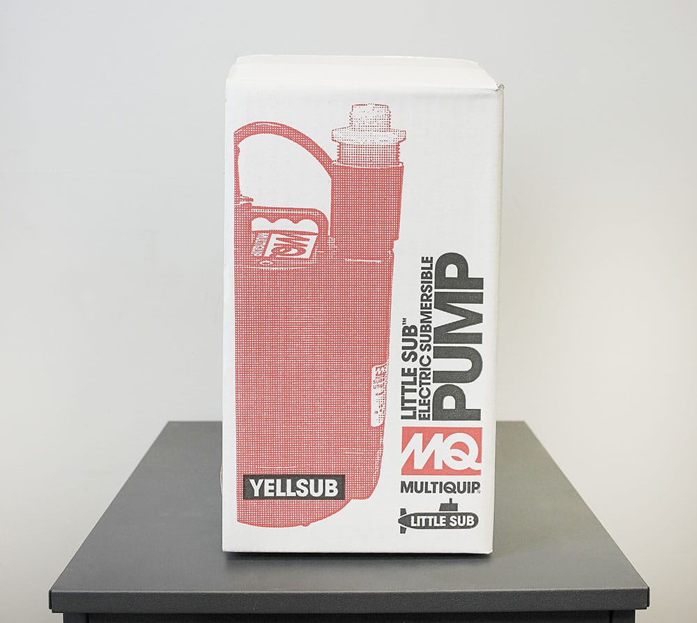 Multiquip YELLSUB Little Sub packaging box detailing the 1/4 HP 33 GPM submersible electric utility dewatering pump.