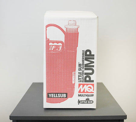 Multiquip YELLSUB Little Sub packaging box detailing the 1/4 HP 33 GPM submersible electric utility dewatering pump.