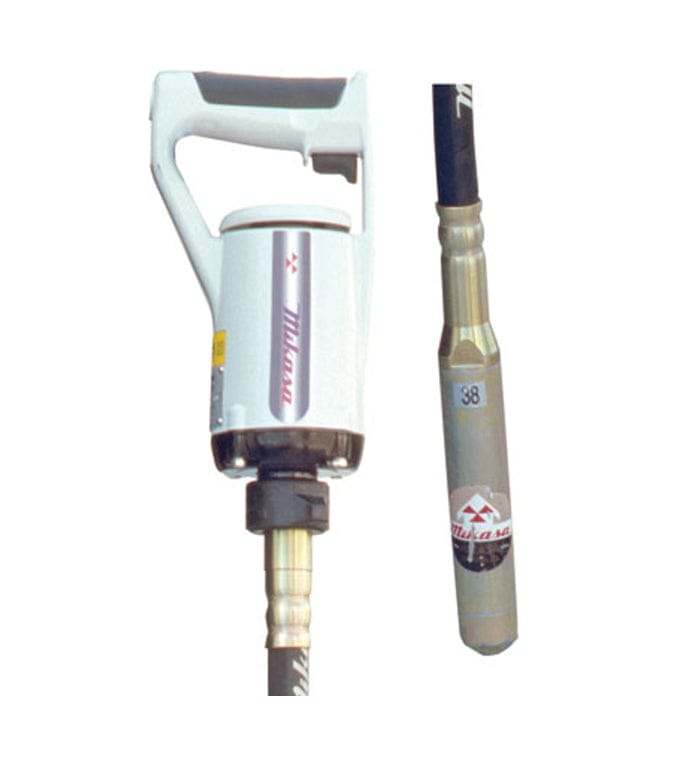 Composite image showing the white motor unit with its grey handle on the left, alongside a close-up detail of the silver steel vibrator head on the right.