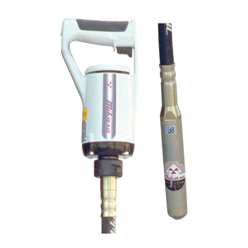 A split-view image showing the white handheld motor unit with its grey handle on the left side, and a close-up detail of the silver steel vibrator head on the right side.