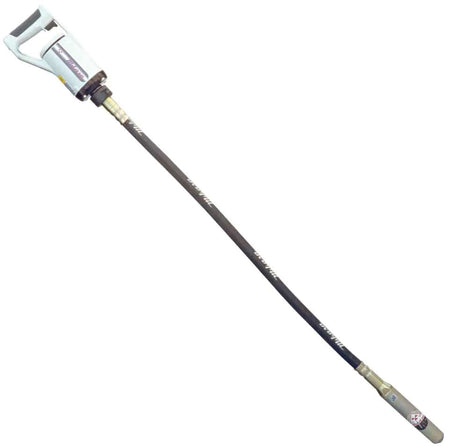 Full view of the complete assembled handheld concrete vibrator tool, displaying the white motor unit, the coiled black flexible shaft, and the silver vibrator head.