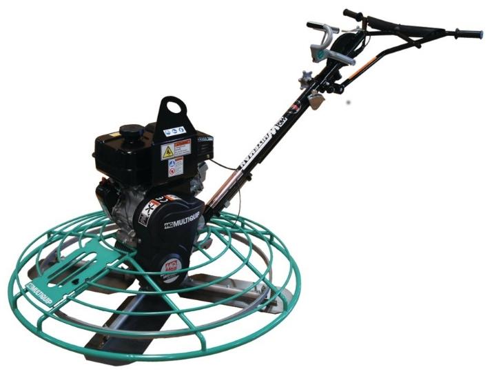 Full view of the Multiquip B46H90-QXH power trowel highlighting the 4-blade spider assembly, heavy-duty guard ring, and QuickPitch handle.