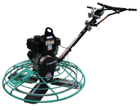 Full view of the Multiquip B46H90-QXH power trowel highlighting the 4-blade spider assembly, heavy-duty guard ring, and QuickPitch handle.