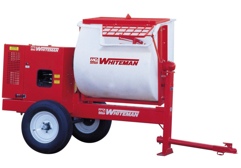 a heavy-duty construction machine designed for mixing mortar, stucco, and grout. The mixer features a large steel drum with a 12 cubic foot mixing capacity, mounted on a sturdy steel frame. powered by a Honda GX390 gas engine, which is enclosed in a protective housing. The drum is equipped with mixing paddles inside to ensure a consistent blend of materials. The mixer has two large rubber tires for easy transportation and a heavy-duty tow bar for hitching to a vehicle. 