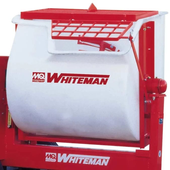 Close-up view of the white 12 cubic foot poly drum on the Multiquip Whiteman mortar mixer, showing the red heavy-duty safety grate and lid