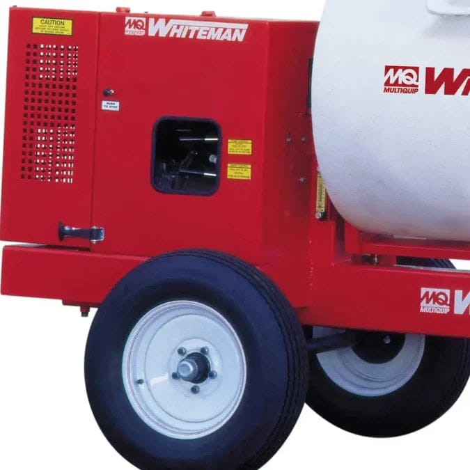 Close-up of the Multiquip Whiteman mortar mixer's heavy-duty towable wheel and the red 14-gauge perforated steel engine cover protecting the Honda GX390 engine