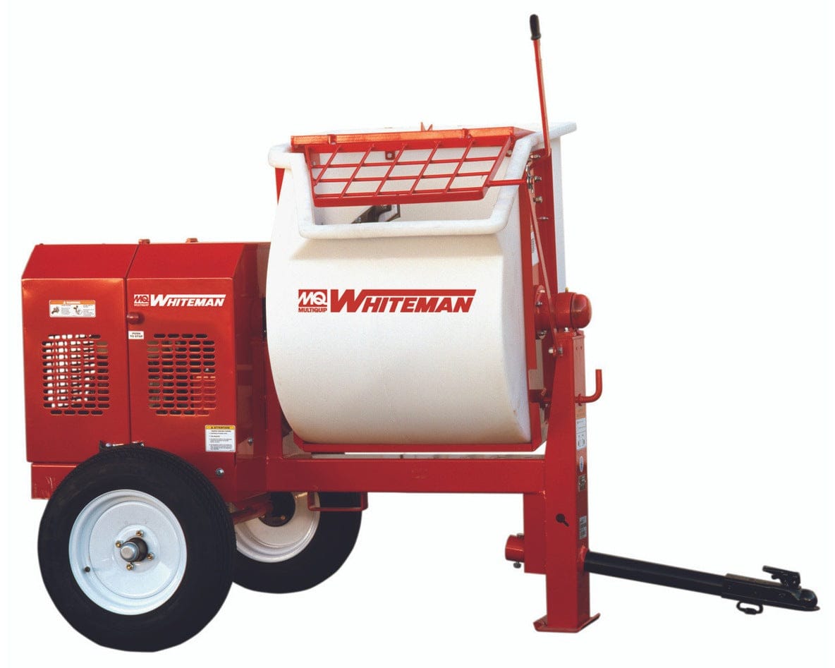 Studio shot of the Multiquip Whiteman WM90PH8 9 cubic foot poly drum mortar mixer, showing the white drum, red frame, integrated wheels, engine housing, and tow hitch