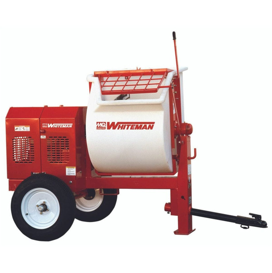 Studio shot of the Multiquip Whiteman WM90PH8 9 cubic foot poly drum mortar mixer, showing the white drum, red frame, integrated wheels, engine housing, and tow hitch