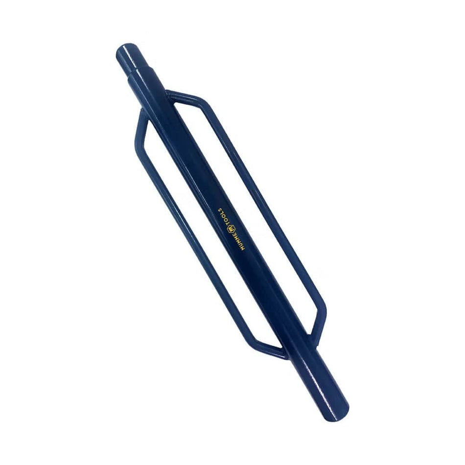 Angled studio view of the dark blue steel post driver featuring two welded side handles and the Mumme Tools logo.
