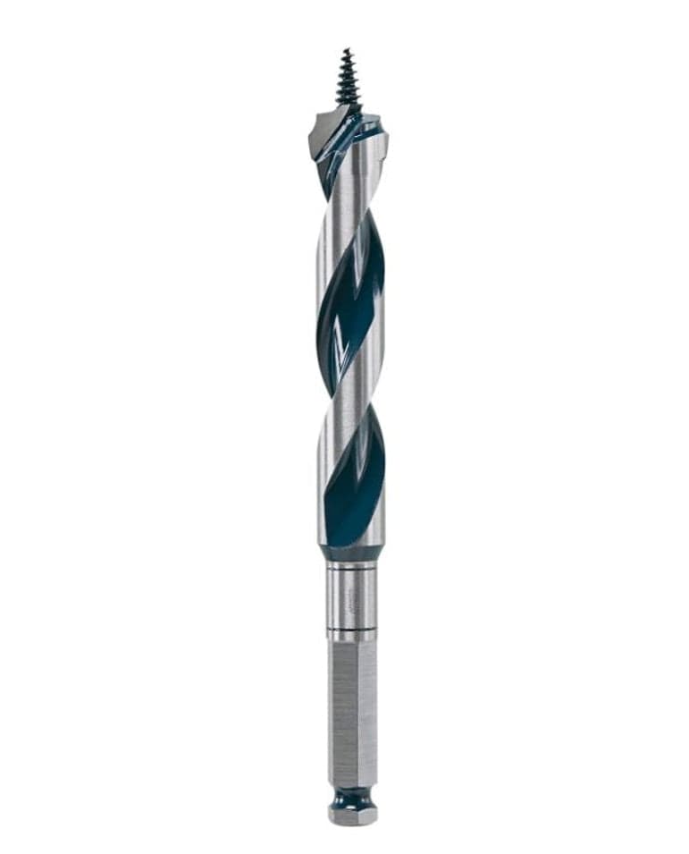 Bosch Daredevil™ Auger Bits. 
The image shows a Bosch Daredevil auger bit, which is predominantly silver with a dark teal color accenting the spiral flutes of the bit. It features a sharp, threaded tip for self-feeding into wood and a hexagonal shank at its base for secure insertion into a drill.