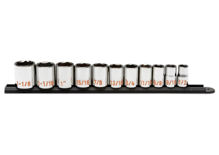 A comprehensive studio shot of the GEARWRENCH 11-piece 1/2 inch drive SAE Hi-Viz standard socket set organized on a professional black socket rail, showcasing the shallow profile and high-visibility orange color-filled size markings ranging from 1/2 inch to 1-1/8 inch.