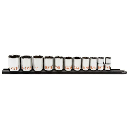 A comprehensive studio shot of the GEARWRENCH 11-piece 1/2 inch drive SAE Hi-Viz standard socket set organized on a professional black socket rail, showcasing the shallow profile and high-visibility orange color-filled size markings ranging from 1/2 inch to 1-1/8 inch.