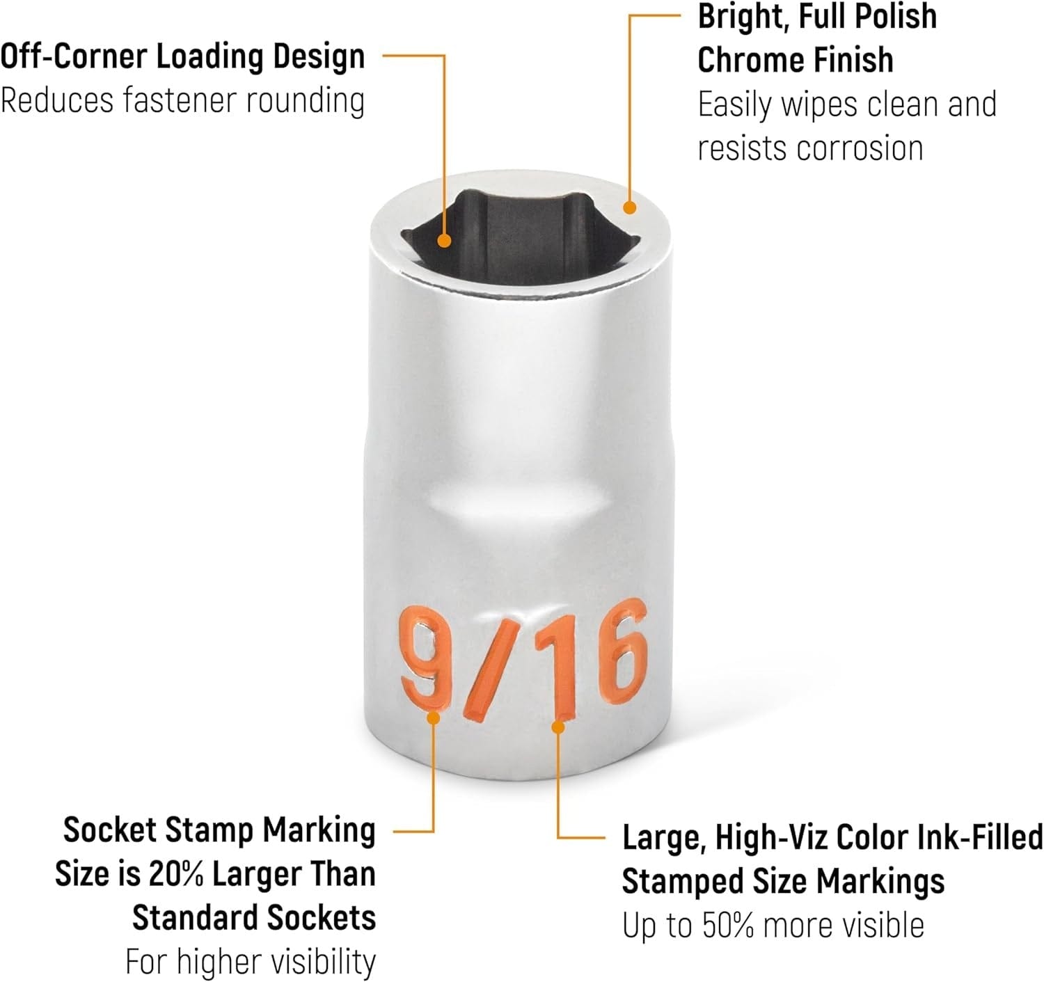 An informational marketing graphic of a GEARWRENCH Hi-Viz socket highlighting the 20 percent larger stampings, 50 percent more visible color-ink-filled markings, and off-corner loading design for professional durability.