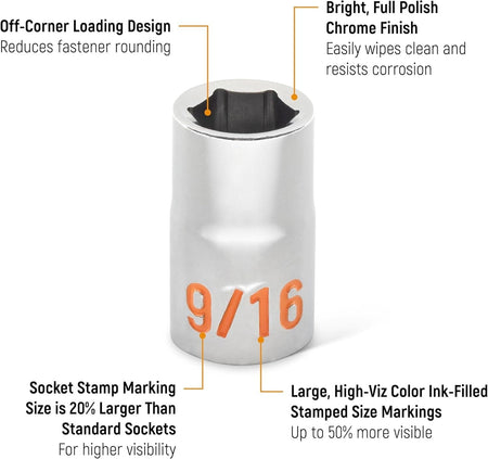 An informational marketing graphic of a GEARWRENCH Hi-Viz socket highlighting the 20 percent larger stampings, 50 percent more visible color-ink-filled markings, and off-corner loading design for professional durability.